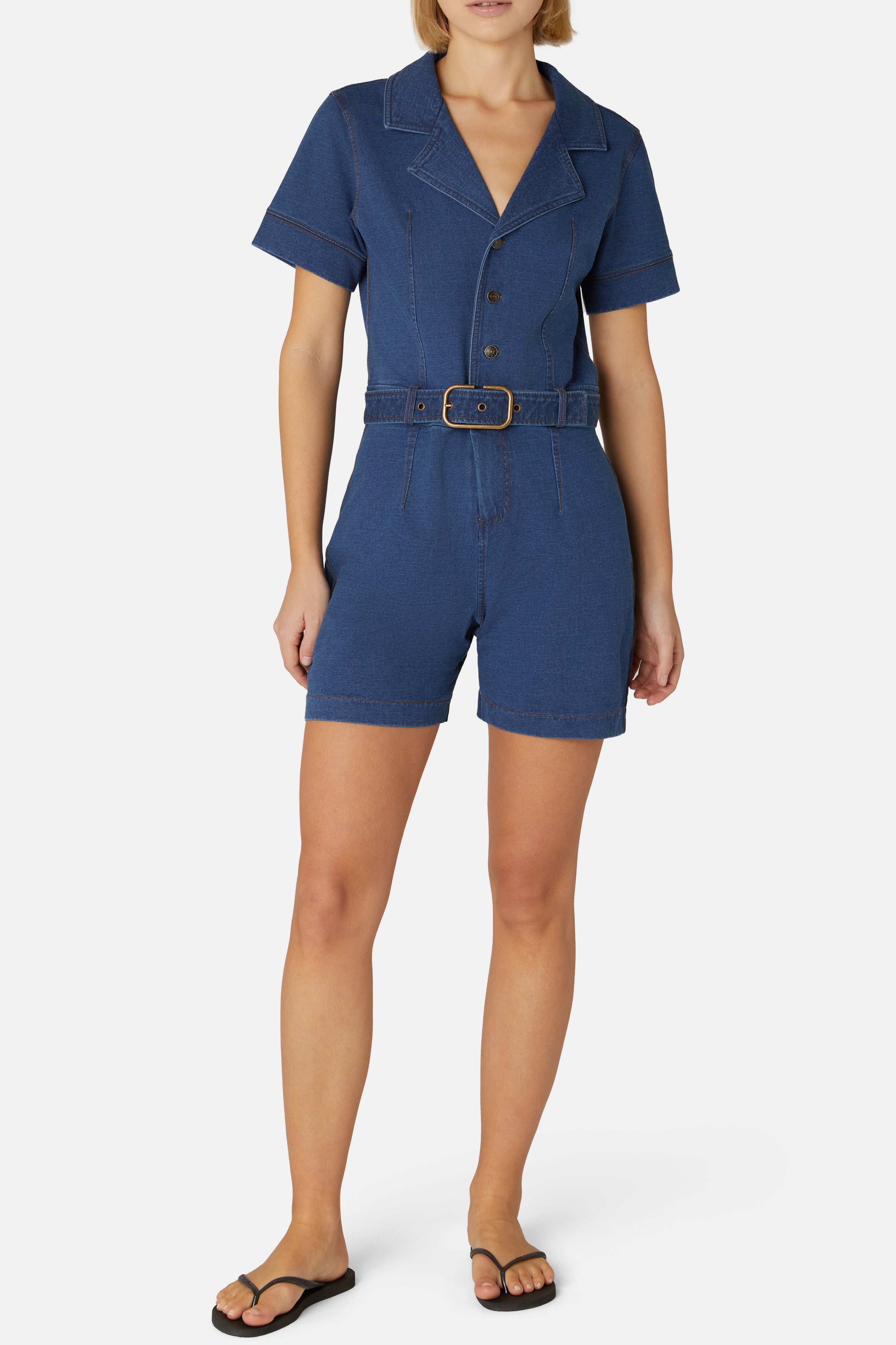 Denim Fitted Short Jumpsuit Dark Blue