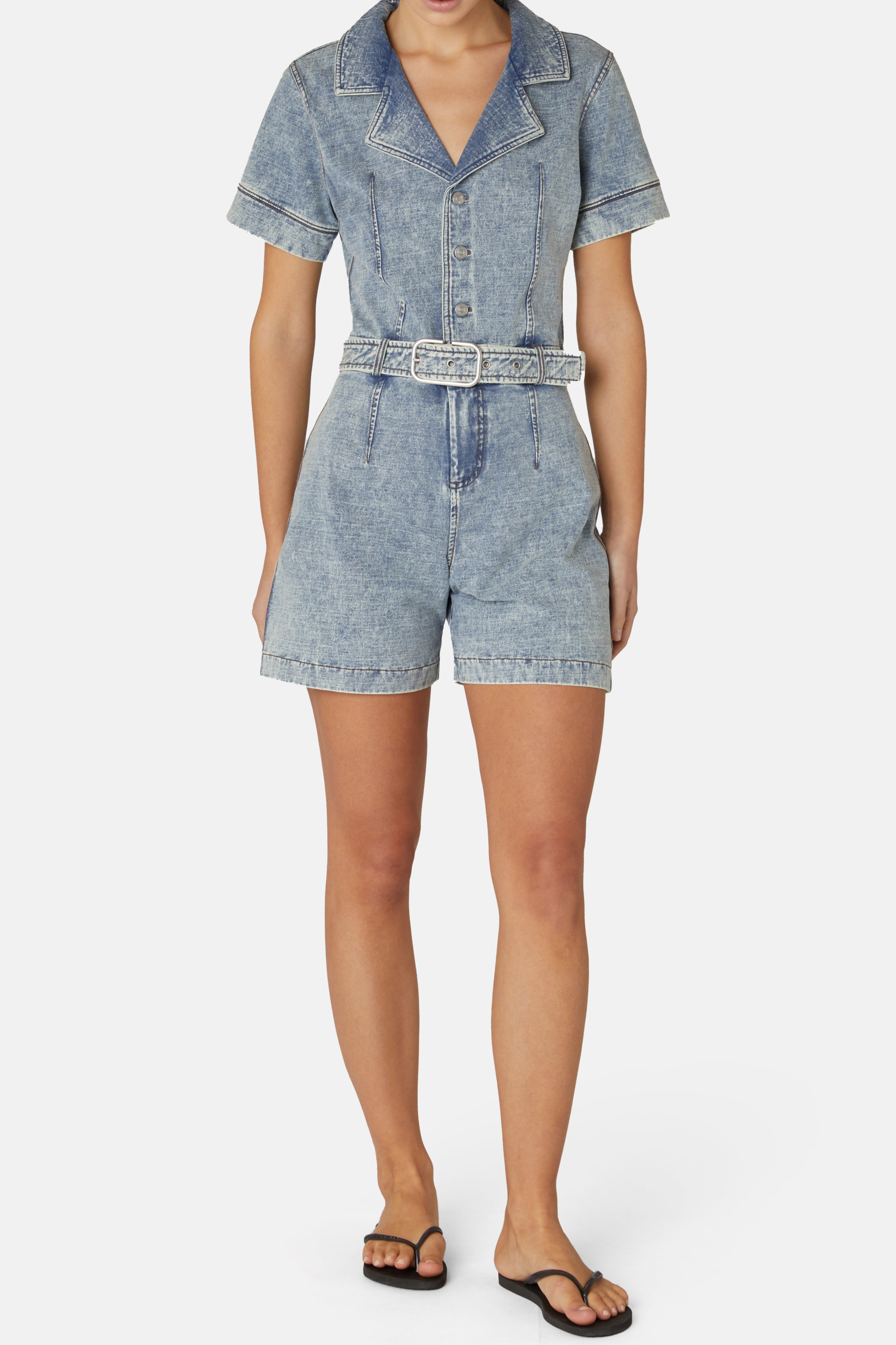 Denim Fitted Short Jumpsuit Light Blue