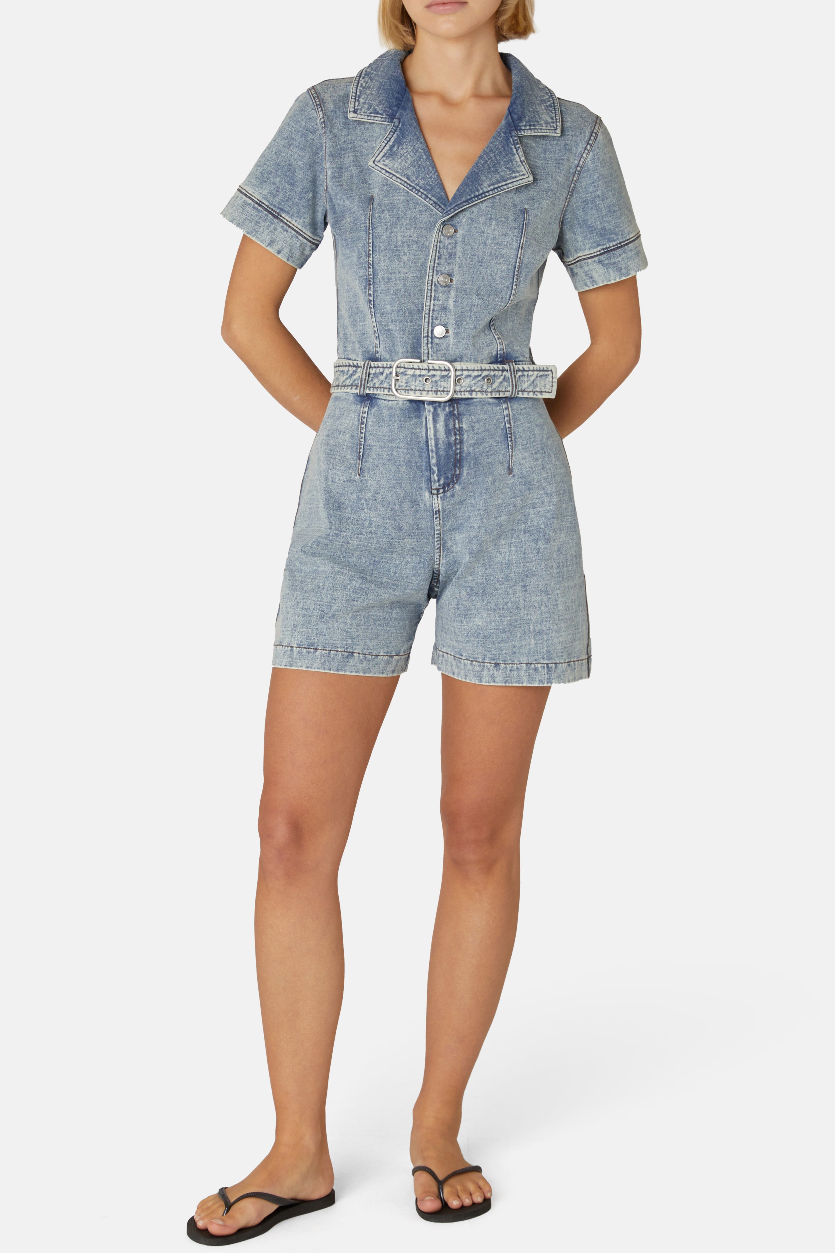 Denim Fitted Short Jumpsuit Light Blue