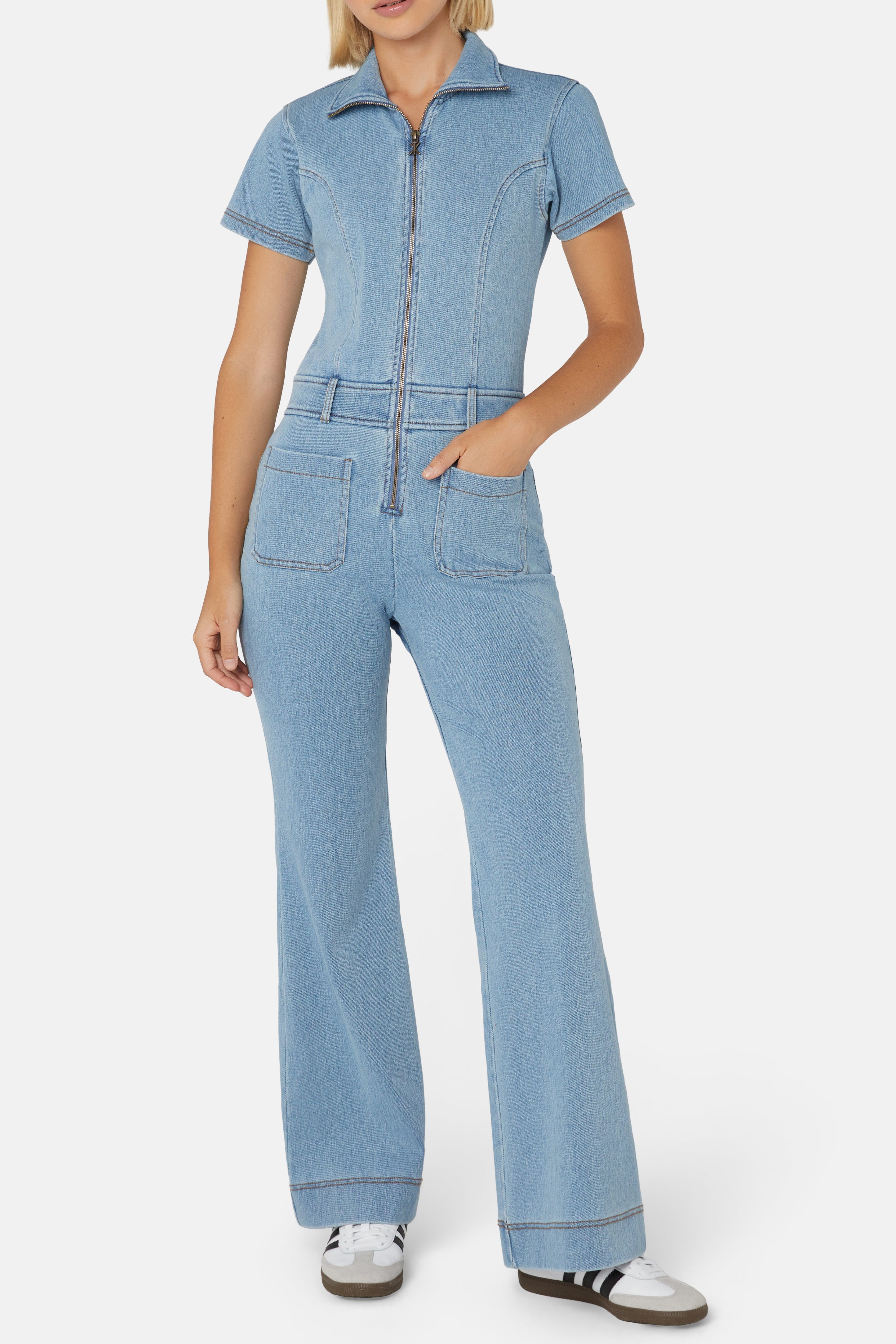 Denim Fit And Flared Jumpsuit Light Blue