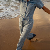 Light Chambray Flared Jumpsuit Light Blue