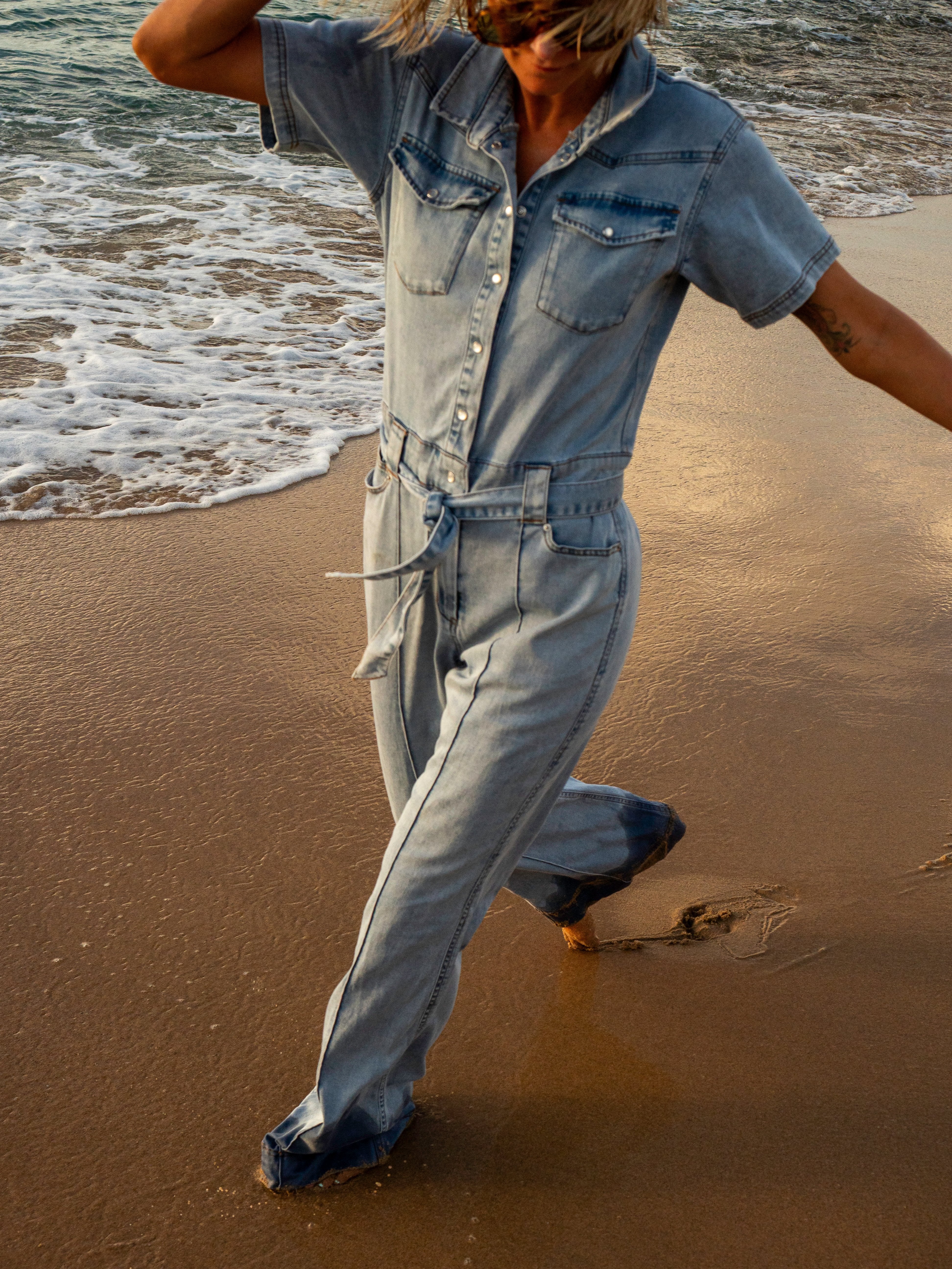 Light Chambray Flared Jumpsuit Light Blue