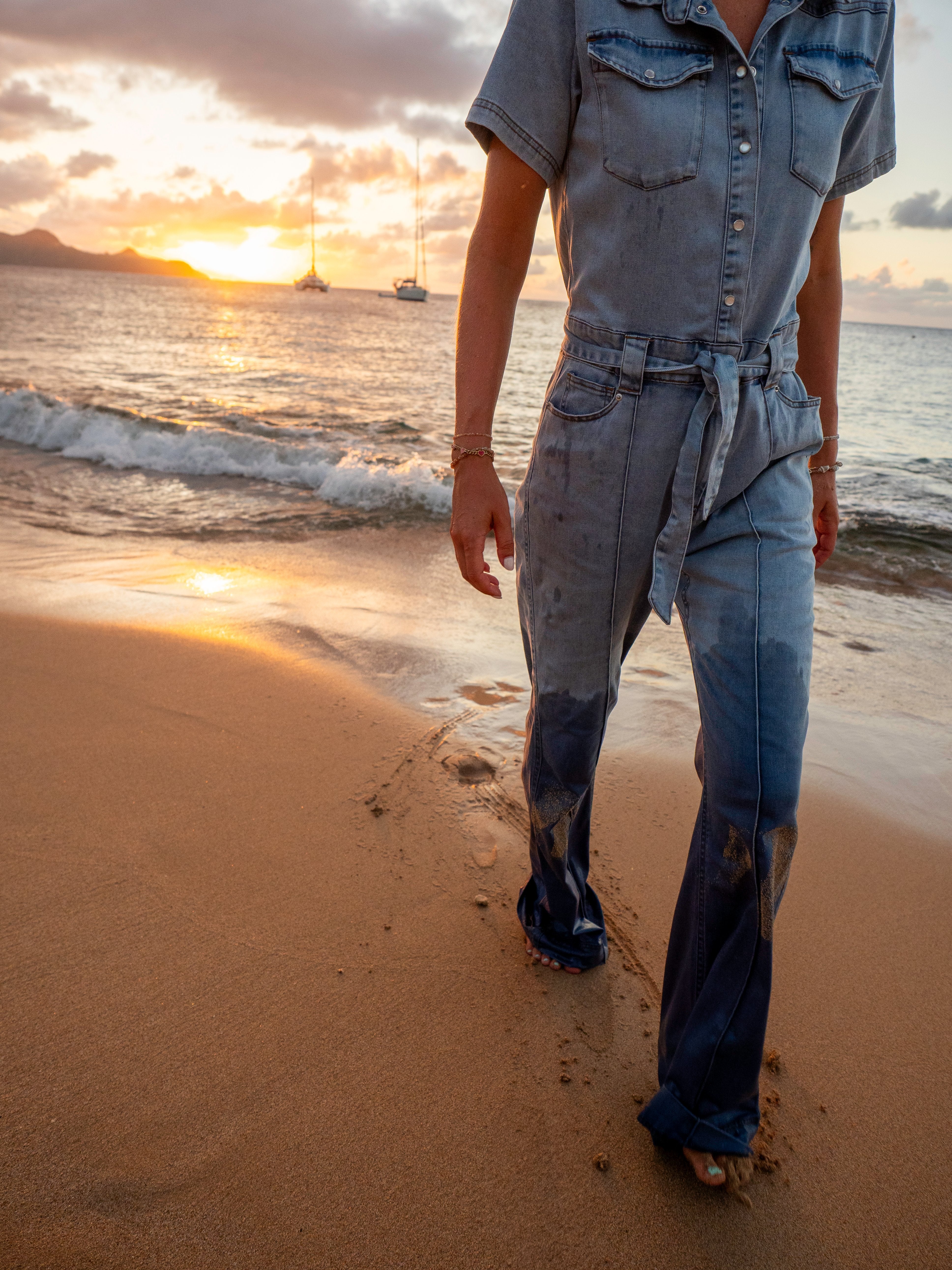 Light Chambray Flared Jumpsuit Light Blue